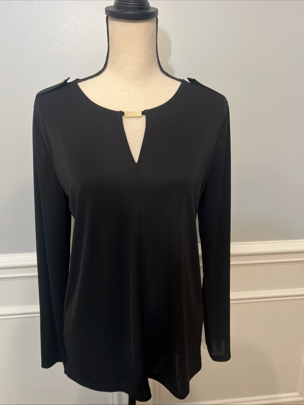 Ann Taylor Stretchy Blouse Top Black Gold Accents L Pullover
